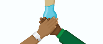Three hands from different individuals are stacked together in the center of the image, symbolizing teamwork, collaboration, unity, and mutual support