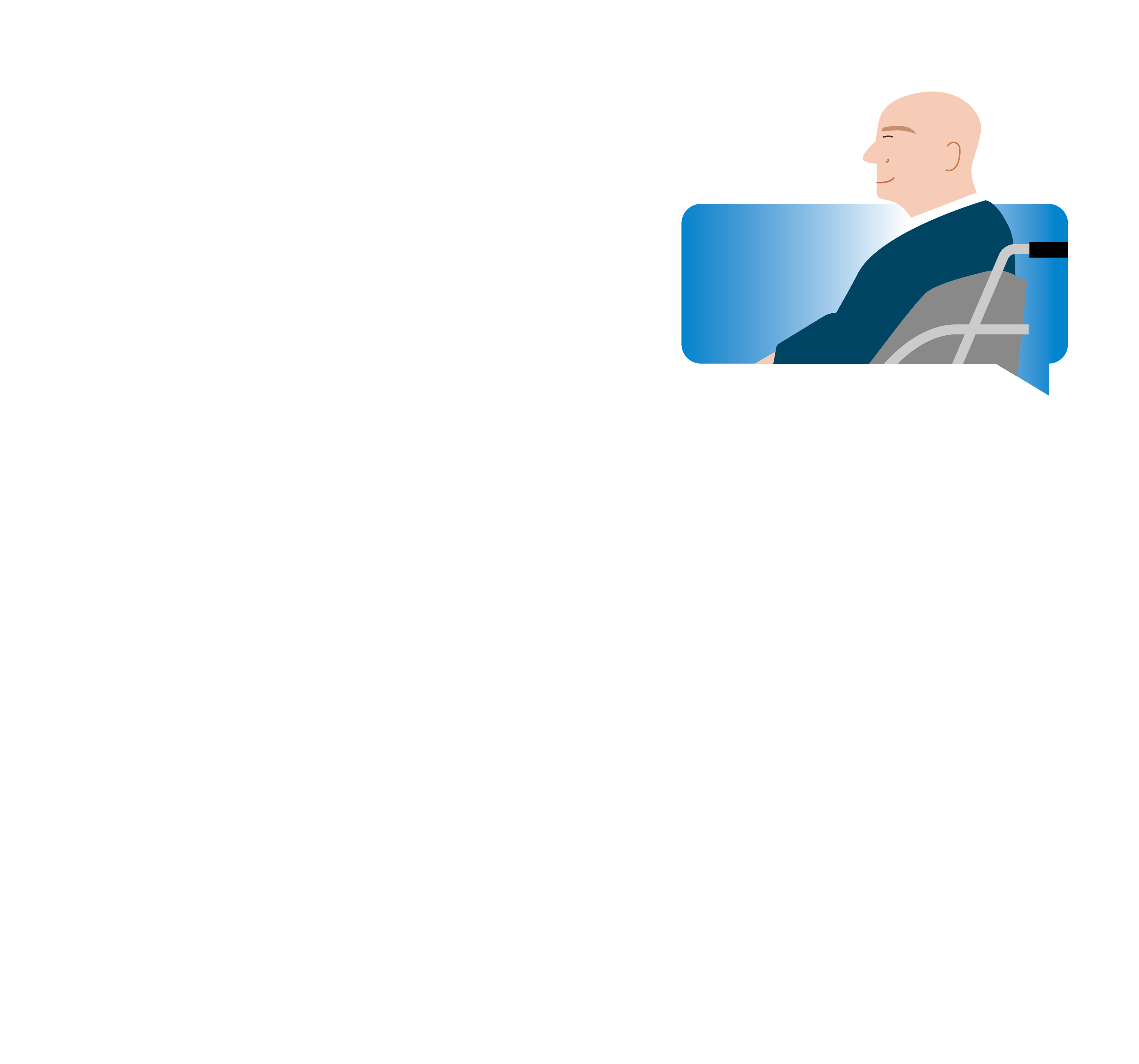 Illustration of three speech bubbles, each with different people inside them. Centre: two people chatting while one writes on a pad. Top right: person in a wheelchair looking to the left. Bottom left: Person with headset looking to the right.